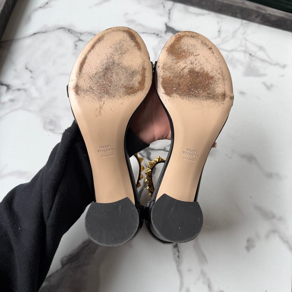 Stuart Weitzman Rosemarie Black Leather Studded Sandal Heels Size 9.5 - Picture 9 of 10